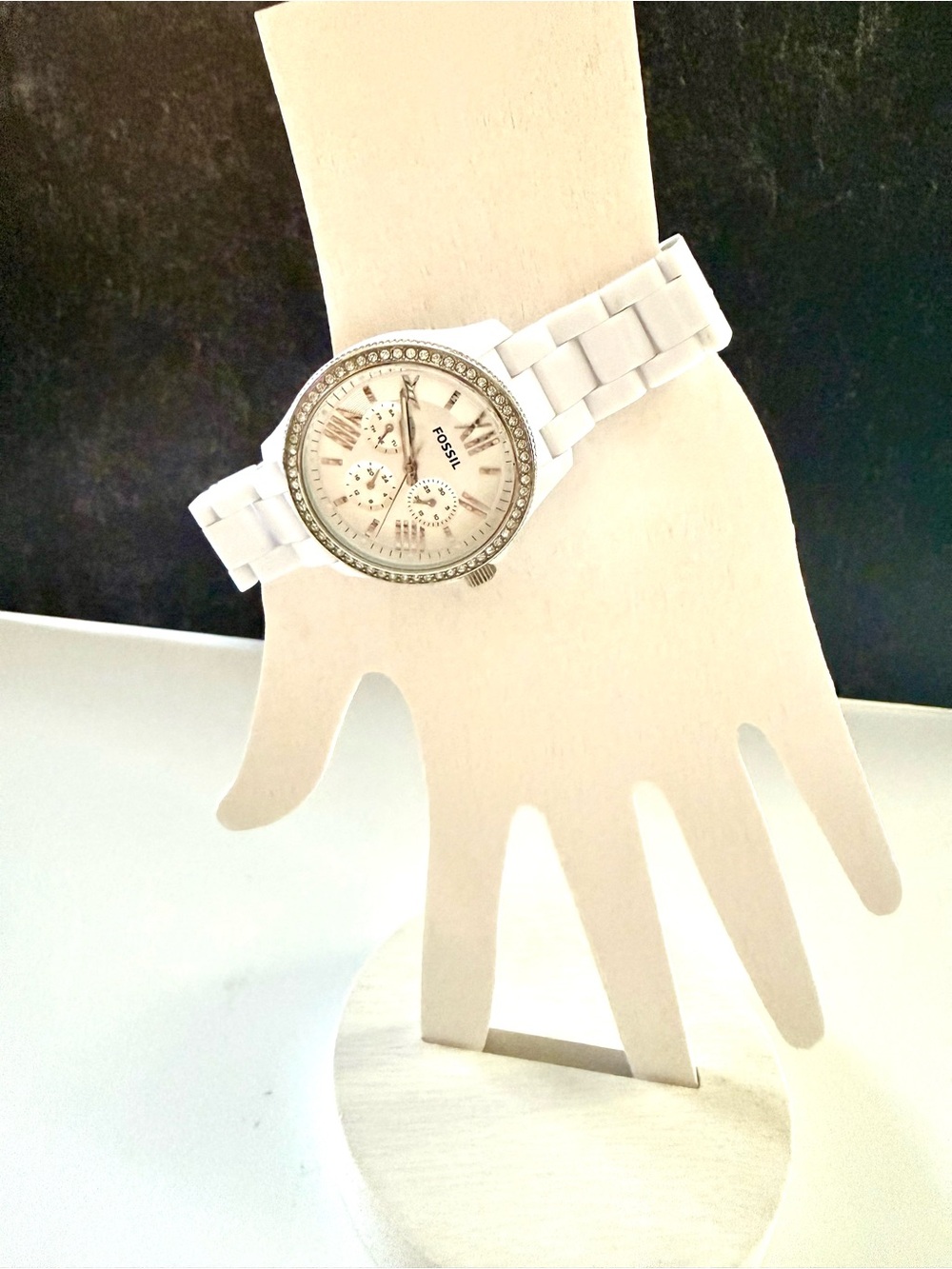 Fossil White resin Bracelet Watch w/Crystal Bezel referred as the Cecile watch.